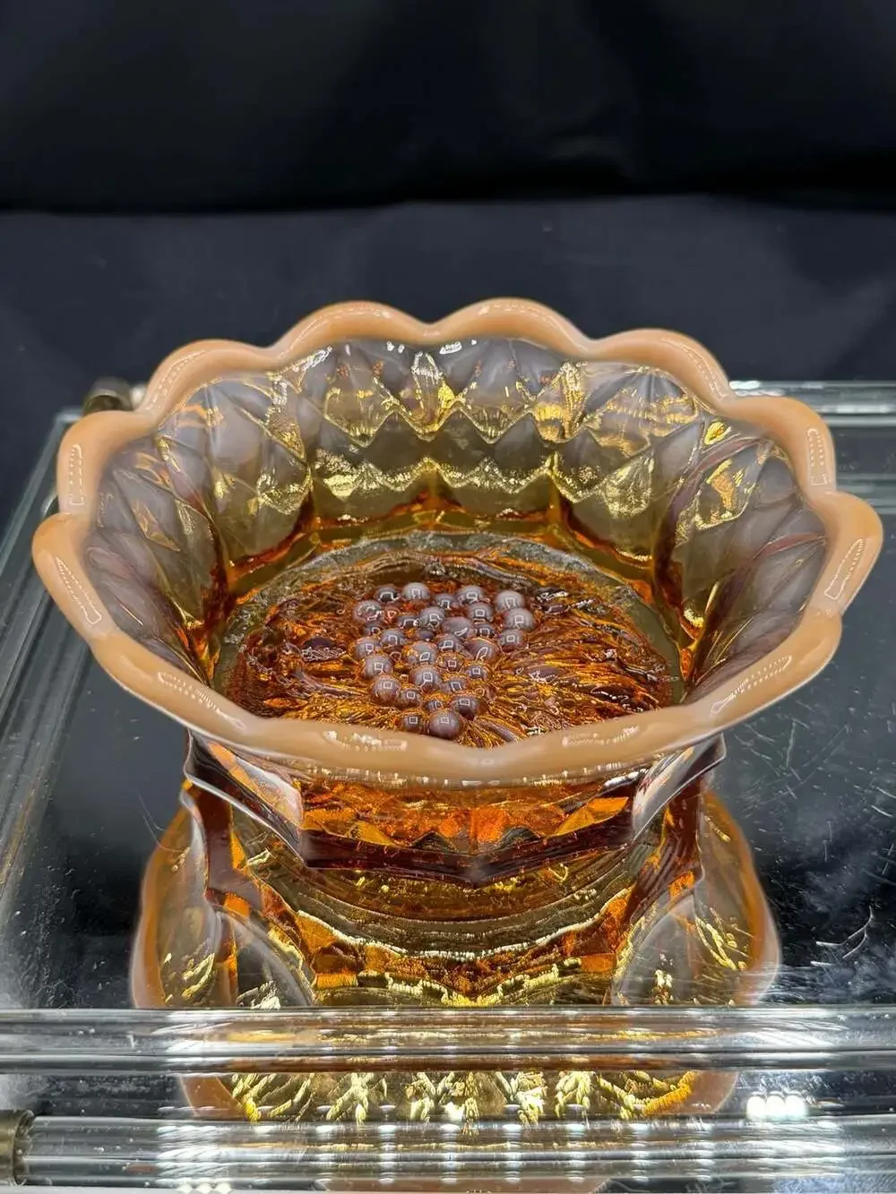 Vintage Fenton Art Glass Amber Opalescent Quilted Grape Pattern Scalloped Bowl